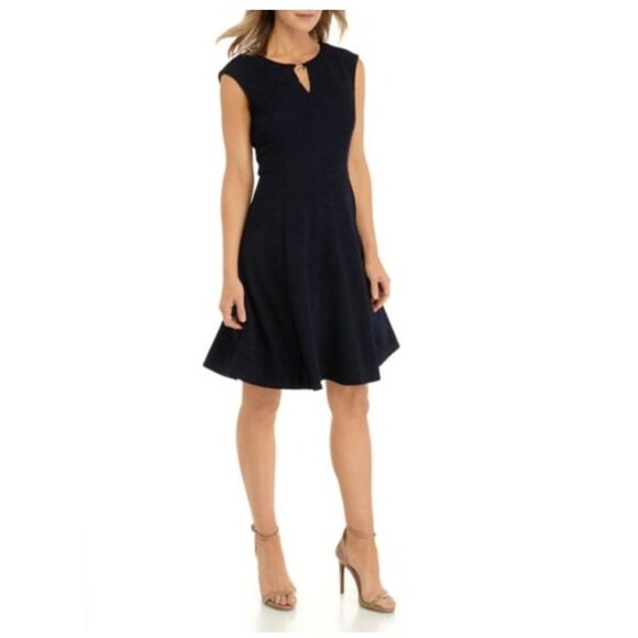 Size 12 NAVY BLUE KEYHOLE TEXTURED KNIT FIT & FLARE DRESS Day/Evening - Picture 8 of 11